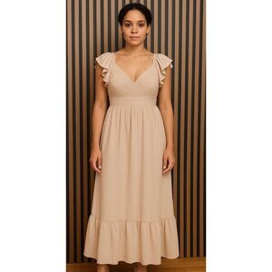 Birdy Grey Michelle Women Dress Bridesmaid Chiffon Pleated Ruffle Sleeve L Beige